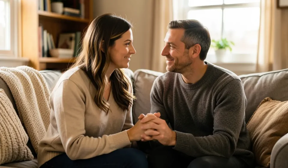 **Diálogo no lar cristão**: casal conversando com amor.