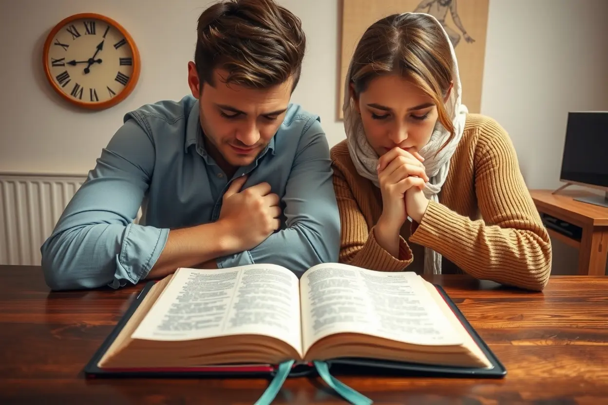 Casal e a Palavra de Deus Casal estudando a Bíblia e orando.