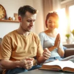 Casal cristão orando de mãos dadas em ambiente acolhedor