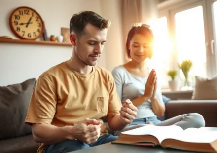 Unidade Espiritual no Casal: Edificando um Lar Firme em Cristo Casal cristão orando de mãos dadas em ambiente acolhedor