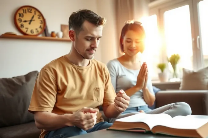 Unidade Espiritual no Casal: Edificando um Lar Firme em Cristo Casal cristão orando de mãos dadas em ambiente acolhedor