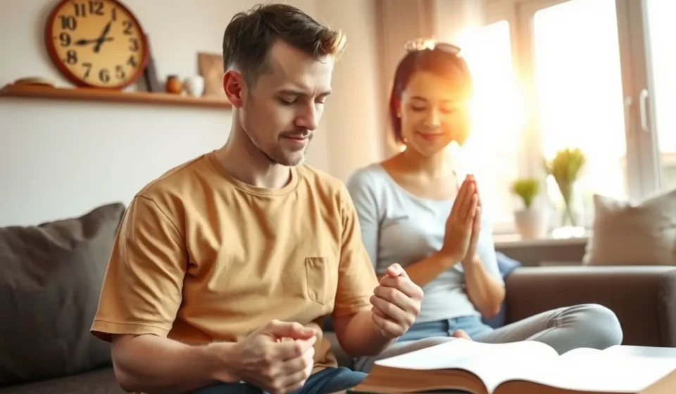 Casal cristão orando de mãos dadas em ambiente acolhedor