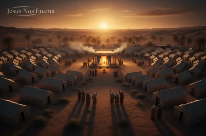 Por que Deus mandou contar o povo em Números 1? Entenda o propósito Acampamento israelita no deserto com o tabernáculo central, representando o censo divino.