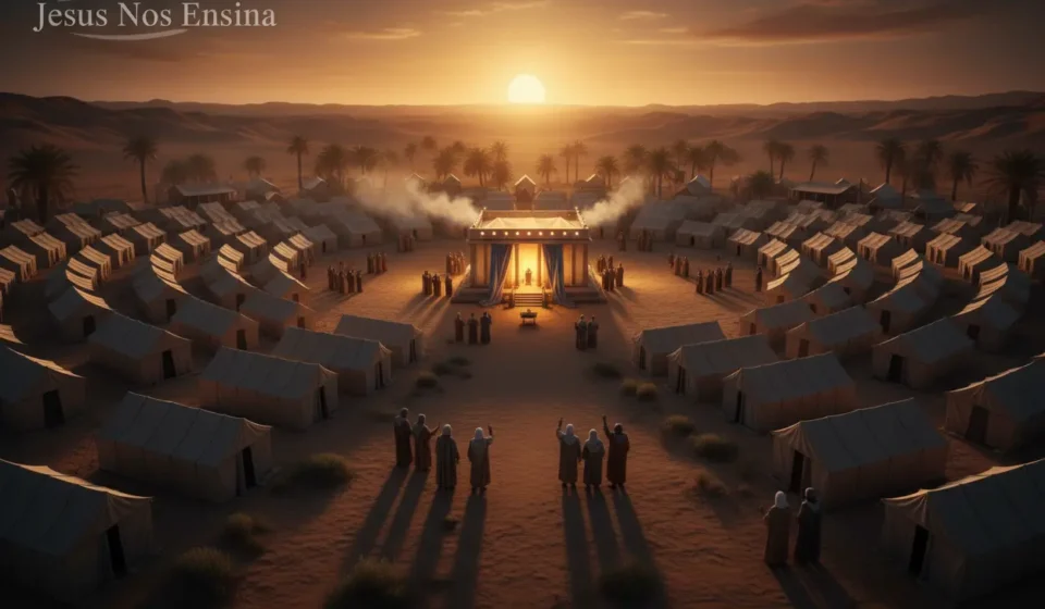 Por que Deus mandou contar o povo em Números 1? Entenda o propósito Acampamento israelita no deserto com o tabernáculo central, representando o censo divino.