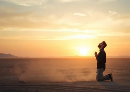 Pessoa orando em deserto, clamando a Deus por justiça.