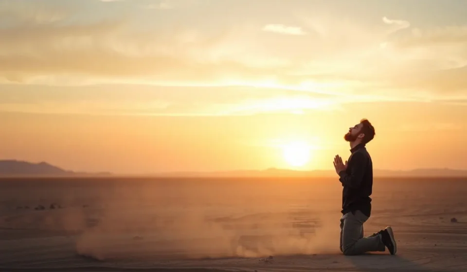 Pessoa orando em deserto, clamando a Deus por justiça.