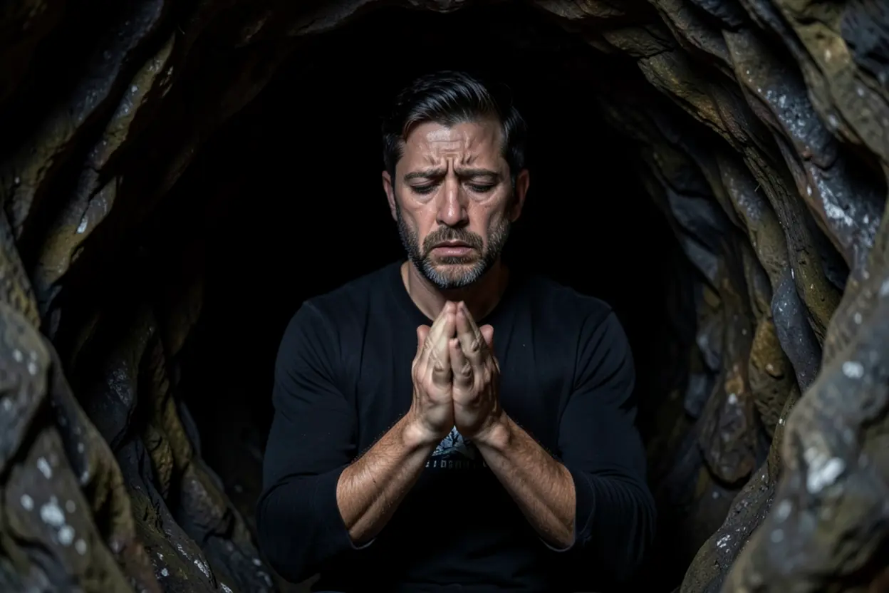 Jonas orando no ventre do peixe.