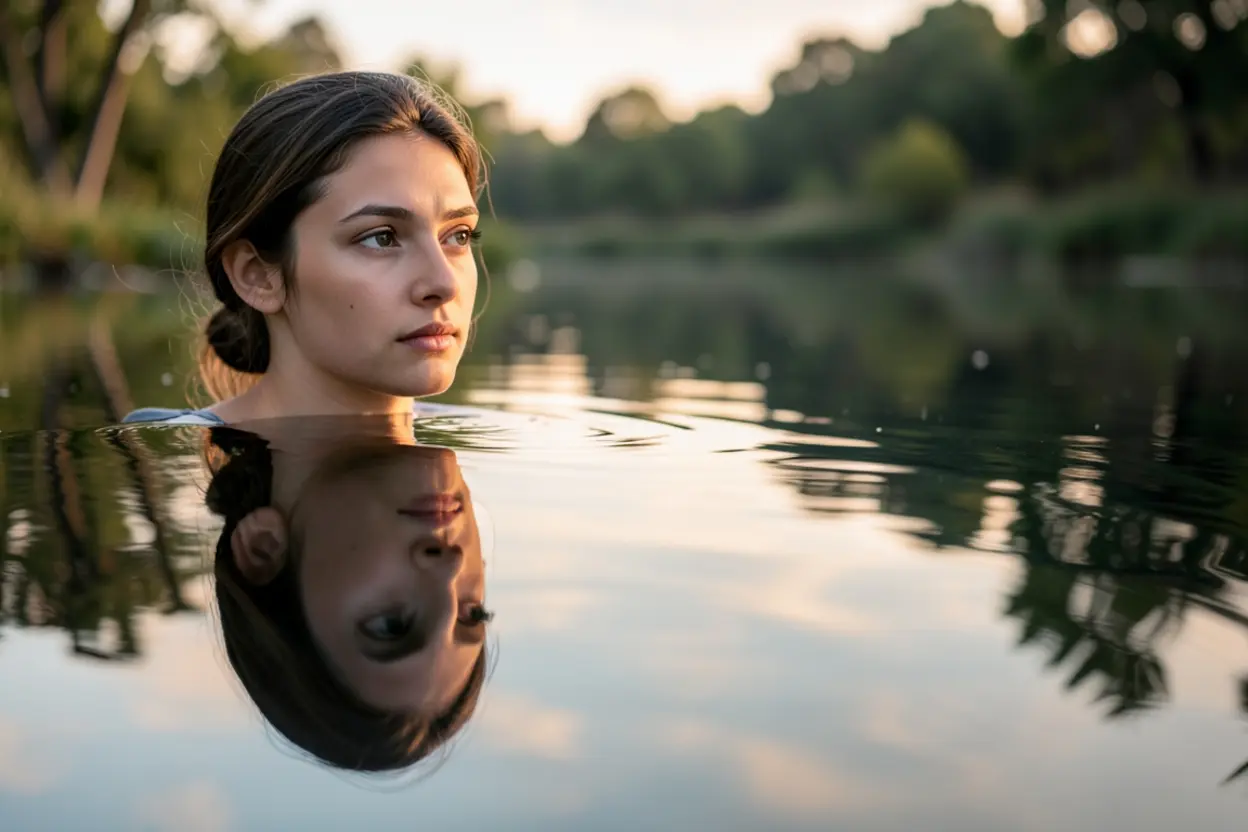 Comportamento e Imagem Interior Pessoa refletindo na água, pensando sobre identidade.
