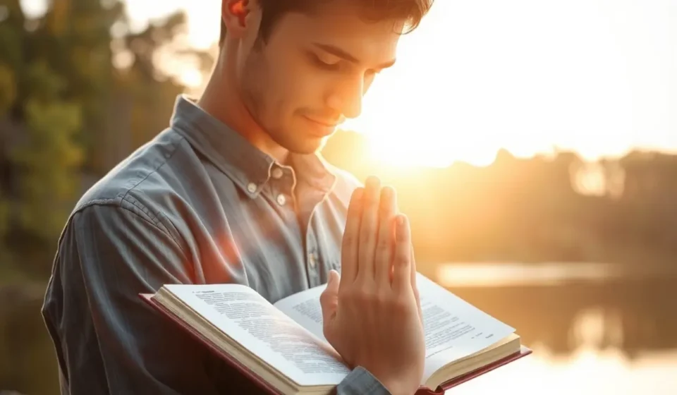 Pessoa em oração ao amanhecer, buscando comunhão profunda com Deus.