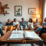 Grupo de pessoas em célula, lendo a Bíblia e conversando