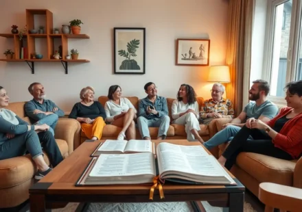 Grupo de pessoas em célula, lendo a Bíblia e conversando