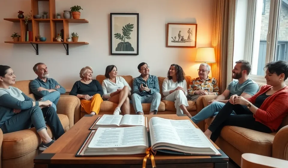Grupo de pessoas em célula, lendo a Bíblia e conversando