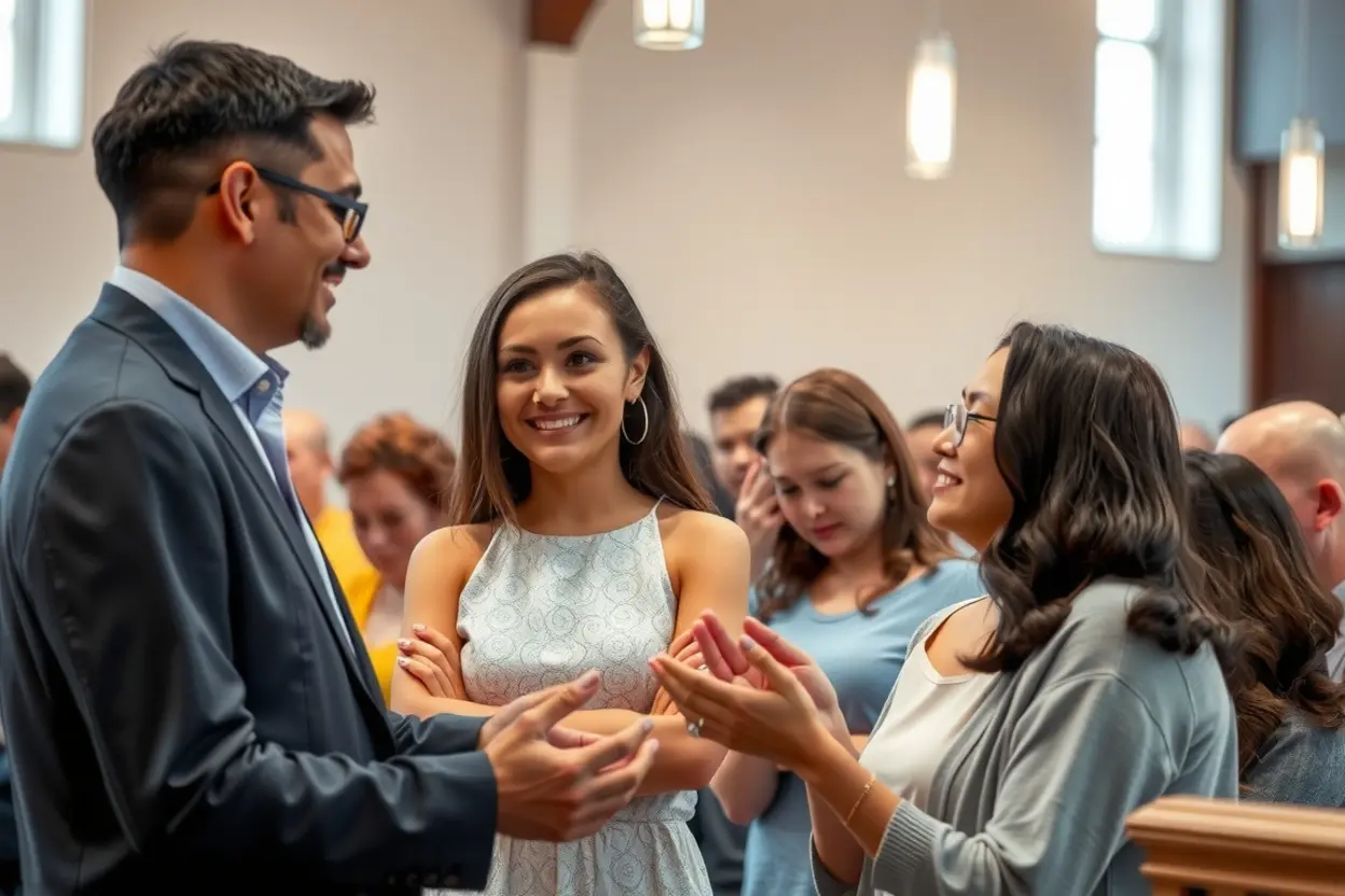 Membros da igreja em conversa, expressando cuidado pastoral.