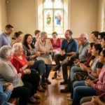 Pessoas felizes participando ativamente da igreja em comunidade.