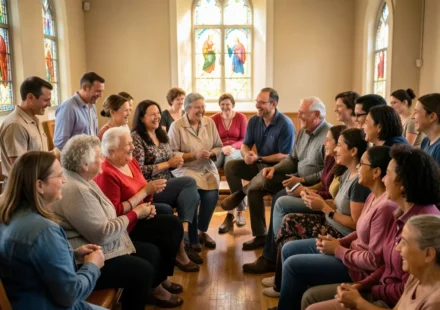 Pessoas felizes participando ativamente da igreja em comunidade.