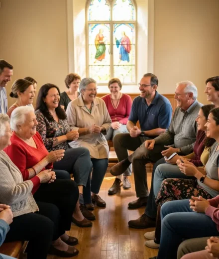 Pessoas felizes participando ativamente da igreja em comunidade.