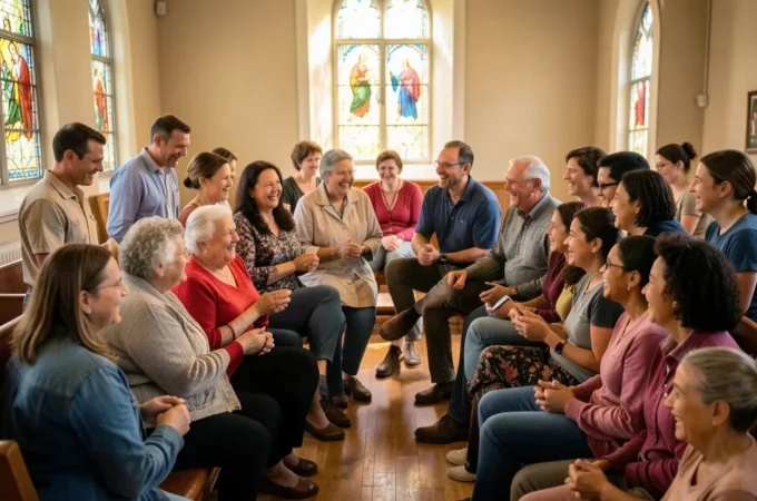 Pessoas felizes participando ativamente da igreja em comunidade.