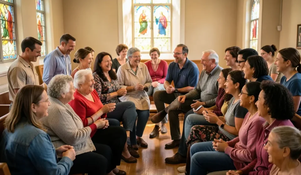 Pessoas felizes participando ativamente da igreja em comunidade.
