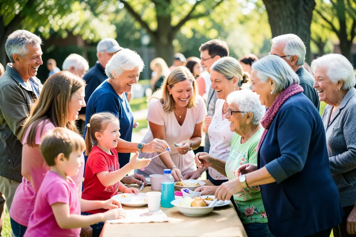 Grupo diverso de cristãos em um evento de comunhão, mostrando o propósito da comunhão cristã.
