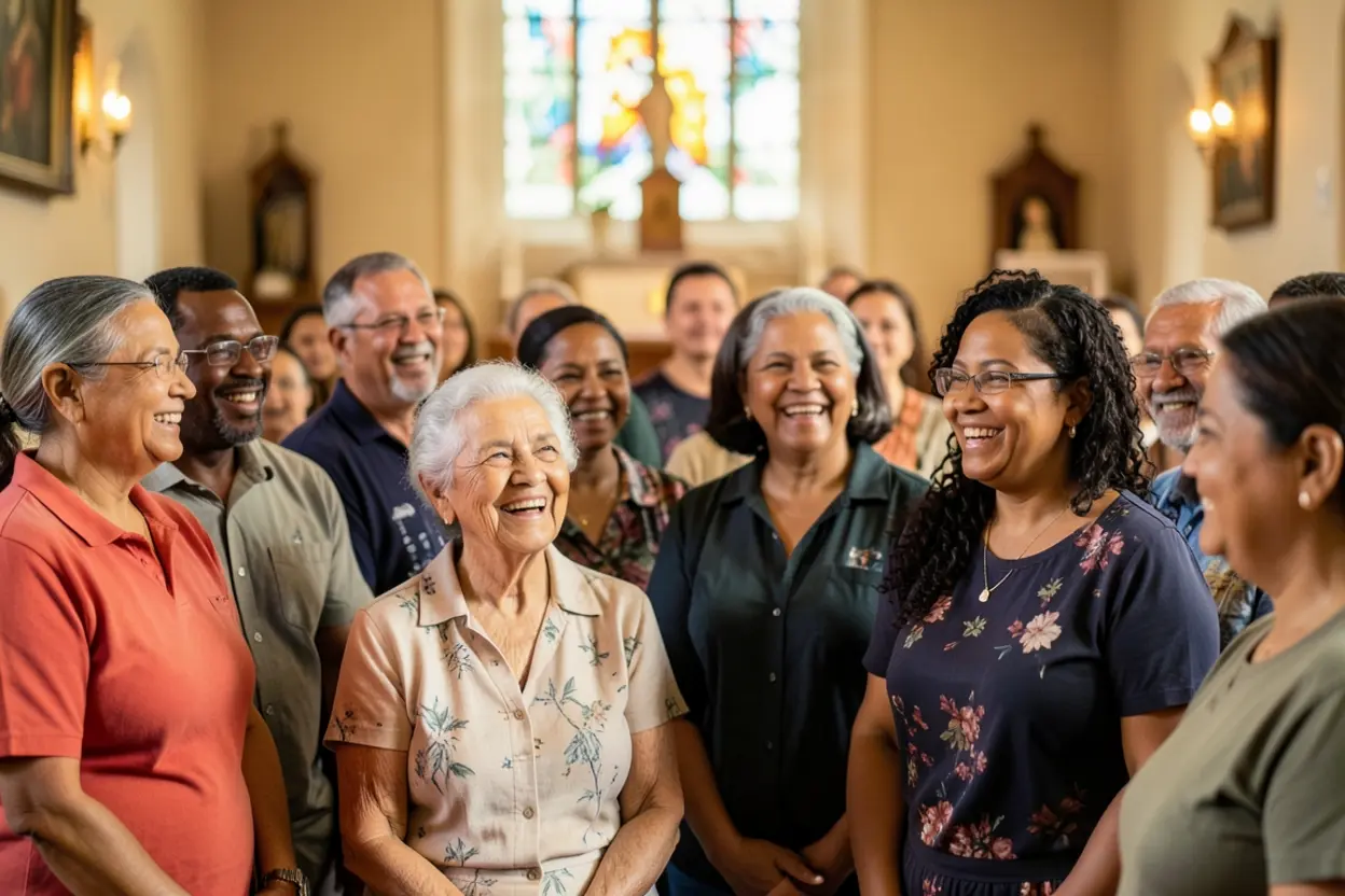 Grupo de cristãos em comunhão, refletindo o resumo do ensino.