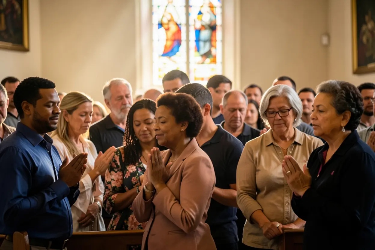 Comunidade em Oração e Reflexão Pessoas em comunidade, refletindo sobre sua herança espiritual e aplicações da fé.