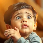 Criança serena com luz dourada, simbolizando a proteção divina.