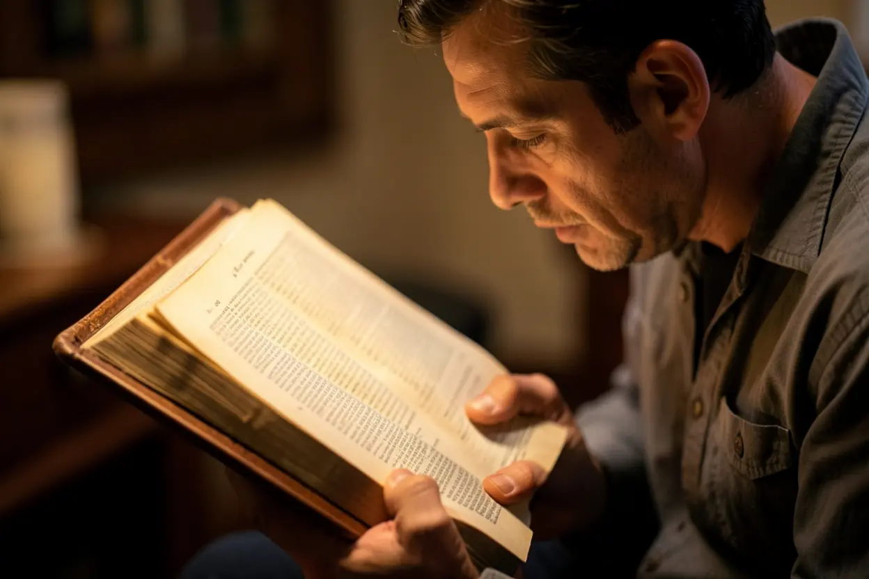 Pessoa lendo a Bíblia com foco, buscando conhecimento de Deus.