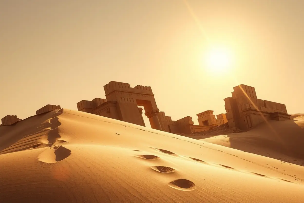 Consequências da Idolatria Ruínas de ídolos antigos sob sol forte, representando a ira divina.