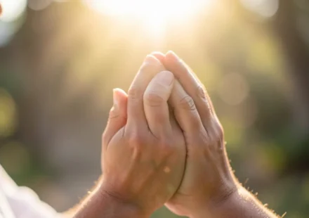 Mãos em oração recebendo luz divina