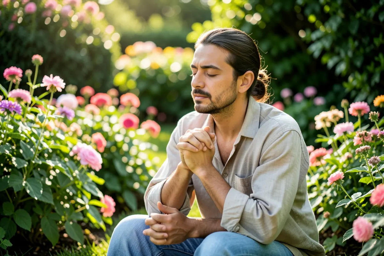 Pessoa meditando em jardim, cultivando a espiritualidade.