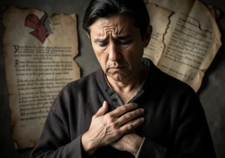 Homem em oração com o coração rasgado