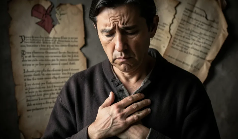 Homem em oração com o coração rasgado