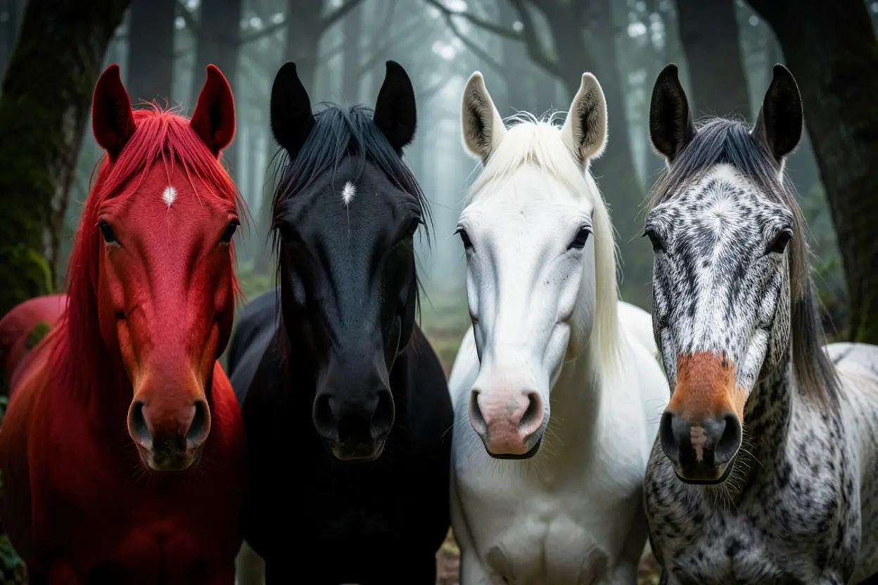 Cavalos vermelhos, pretos, brancos e baios na visão de Zacarias.