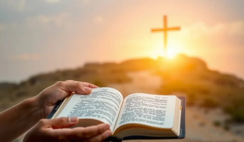 Mãos de criança segurando uma Bíblia aberta, representando a salvação para crianças.