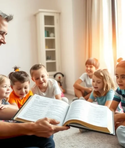 Fundamentos da Fé para Crianças: Guia Essencial para o Crescimento Espiritual Infantil Grupo de crianças ouvindo atentamente uma lição bíblica, simbolizando os fundamentos da fé para crianças.