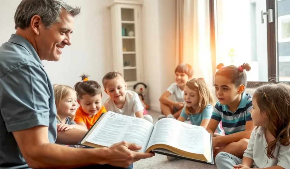Grupo de crianças ouvindo atentamente uma lição bíblica, simbolizando os fundamentos da fé para crianças.