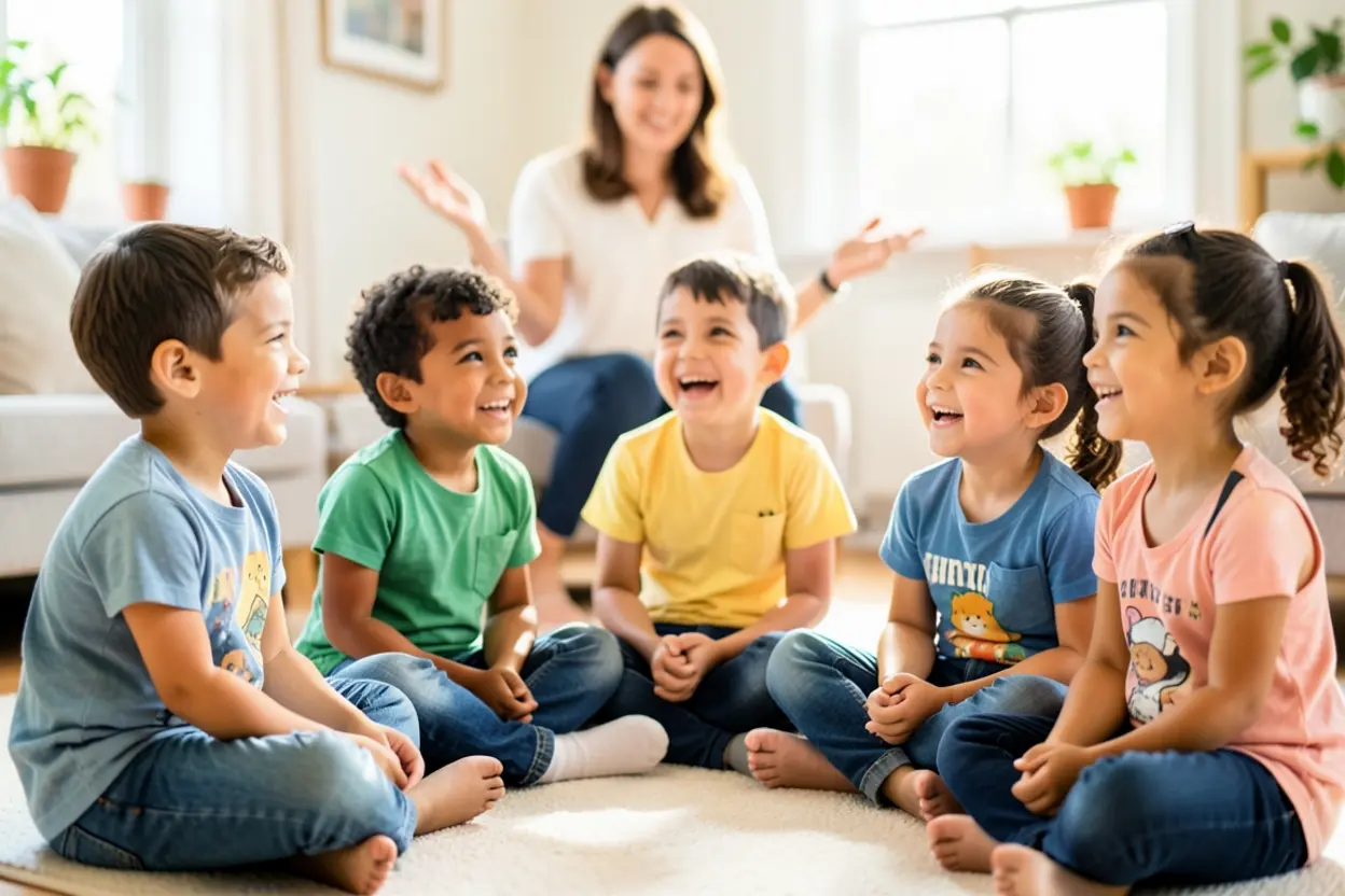 Grupo de crianças sentadas em círculo, ouvindo uma história sobre a salvação.
