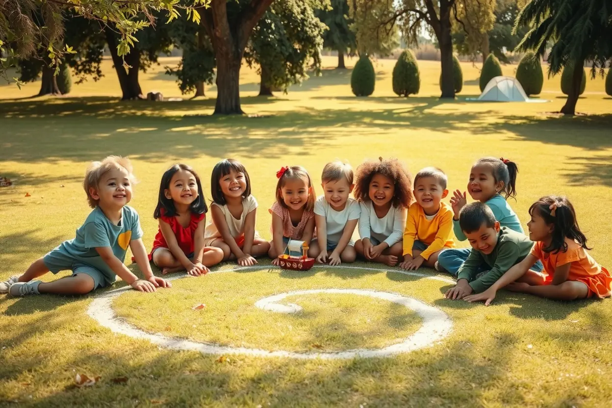 Crianças e Proteção Divina Crianças em círculo no gramado, simbolizando a **confiança em Deus** e segurança.