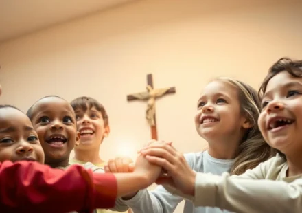 Gratidão a Deus: Como Ensinar Crianças a Cultivar um Coração Grato Grupo de crianças felizes e gratas a Deus, com sorrisos e expressões de louvor.