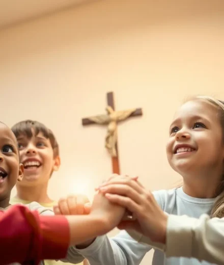 Gratidão a Deus: Como Ensinar Crianças a Cultivar um Coração Grato Grupo de crianças felizes e gratas a Deus, com sorrisos e expressões de louvor.