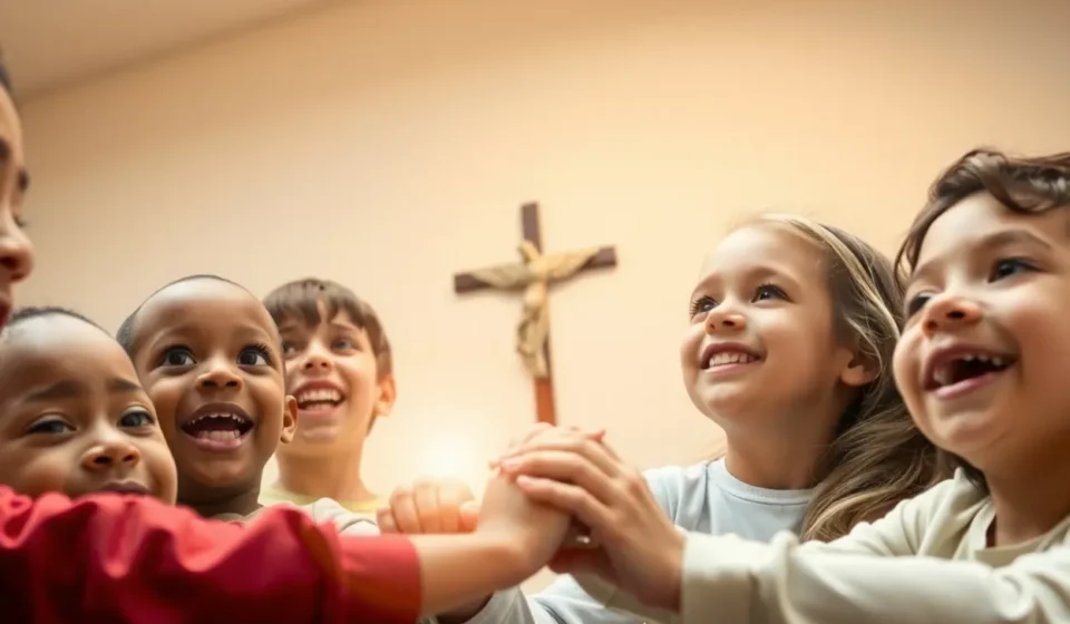 Grupo de crianças felizes e gratas a Deus, com sorrisos e expressões de louvor.
