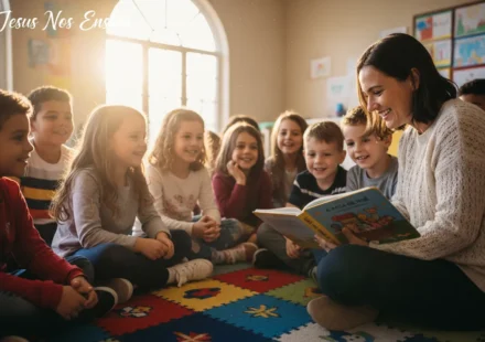 Como Ensinar Crianças a Ler a Bíblia: Guia Essencial para Líderes Crianças felizes aprendendo a ler a Bíblia com um líder.