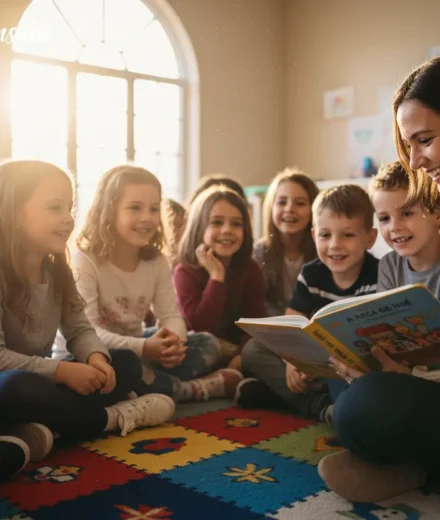 Como Ensinar Crianças a Ler a Bíblia: Guia Essencial para Líderes Crianças felizes aprendendo a ler a Bíblia com um líder.