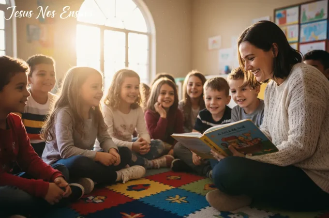 Como Ensinar Crianças a Ler a Bíblia: Guia Essencial para Líderes Crianças felizes aprendendo a ler a Bíblia com um líder.