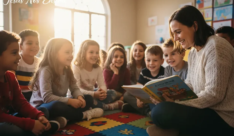 Crianças felizes aprendendo a ler a Bíblia com um líder.