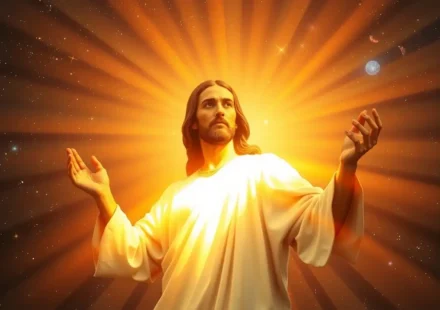 Fotografia realista de Jesus Cristo como a imagem de Deus, em um cenário cósmico.