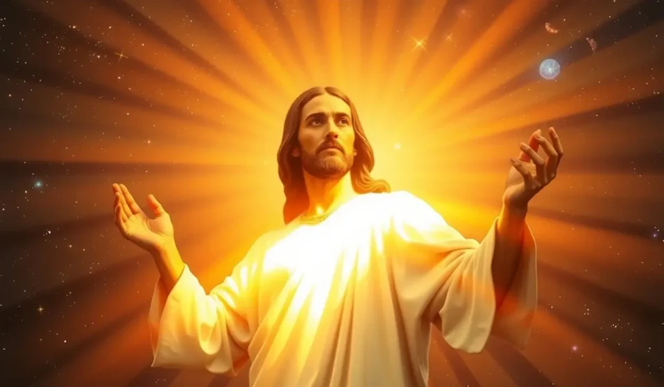 Fotografia realista de Jesus Cristo como a imagem de Deus, em um cenário cósmico.