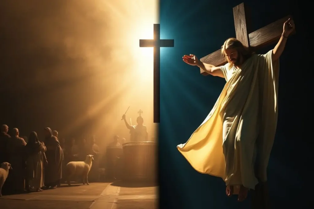 Elementos da Torá (cordeiro, sacerdote) e Jesus Cristo, mostrando o cumprimento profético.