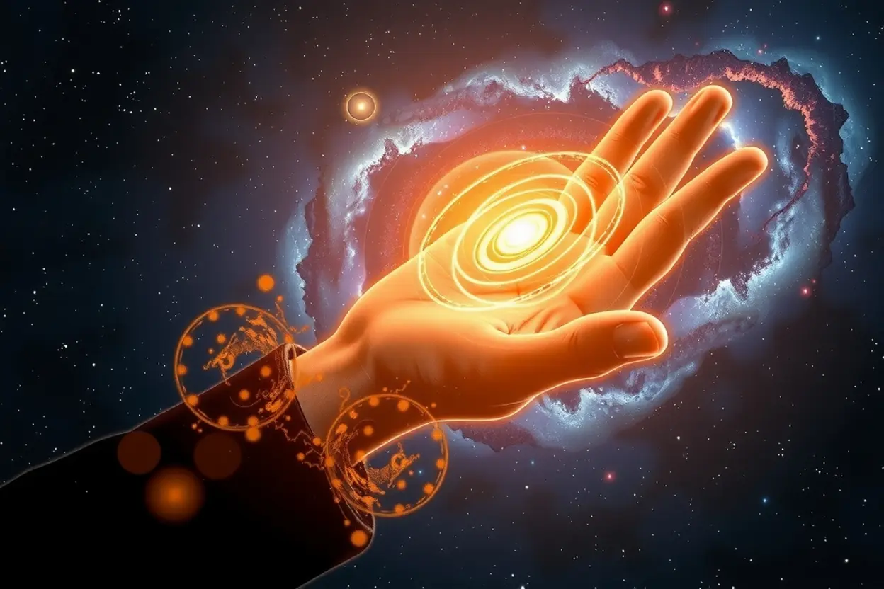 Mão cósmica segurando galáxias, simbolizando Cristo sustentando o universo