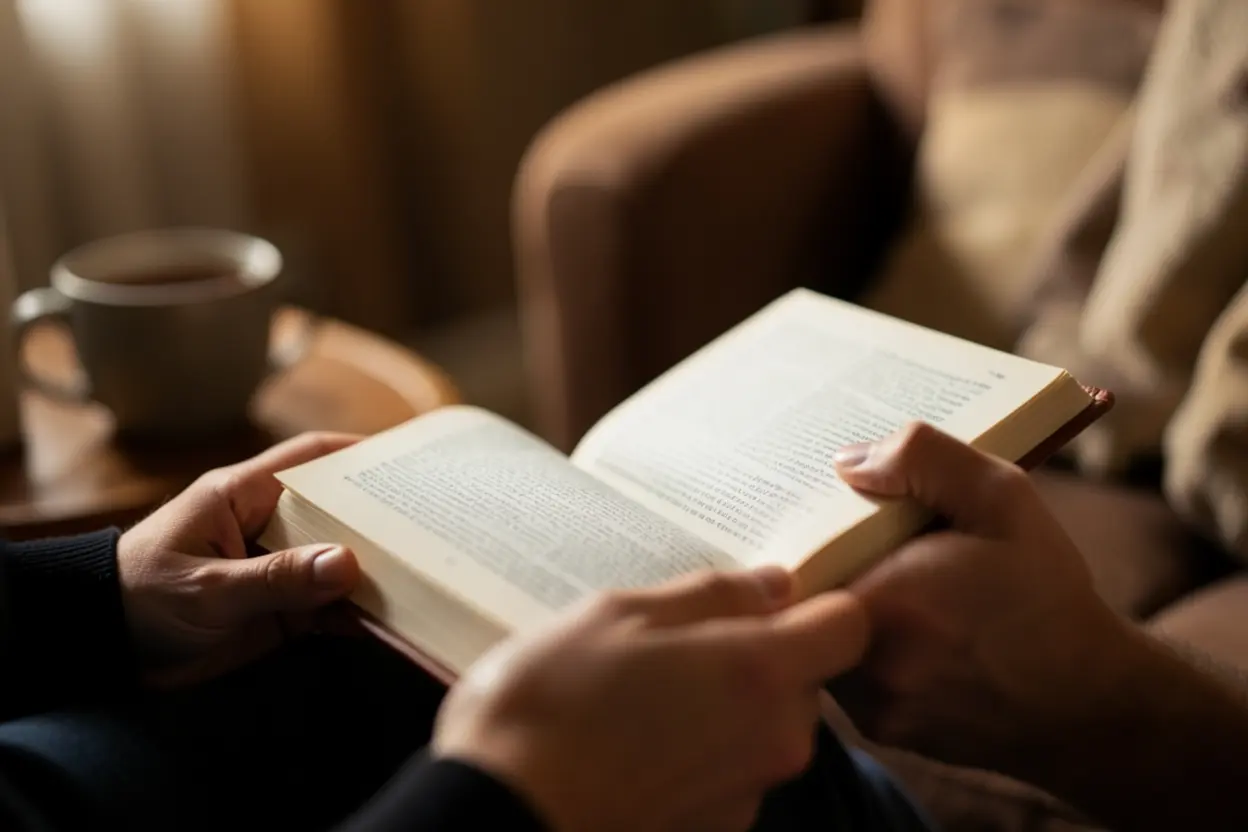 Cantares 1:2 significado: Mãos segurando a Bíblia aberta em ambiente acolhedor, simbolizando a busca por intimidade com Cristo.